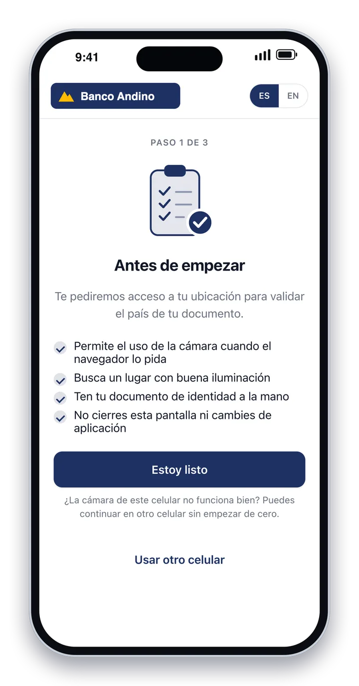 Pantalla "Antes de empezar" del SDK web de UNICUS en un celular